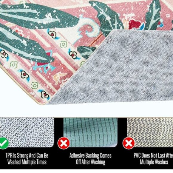 Tropical Pink Faux Wool Boho Throw Rug – Washable Non-Slip Vintage Accent Rug - Picture 4 of 7